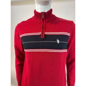 U.S. Polo Assn. Red 1/4 Zip Sweater With Navy & White Stripes Mens M 100% Cotton